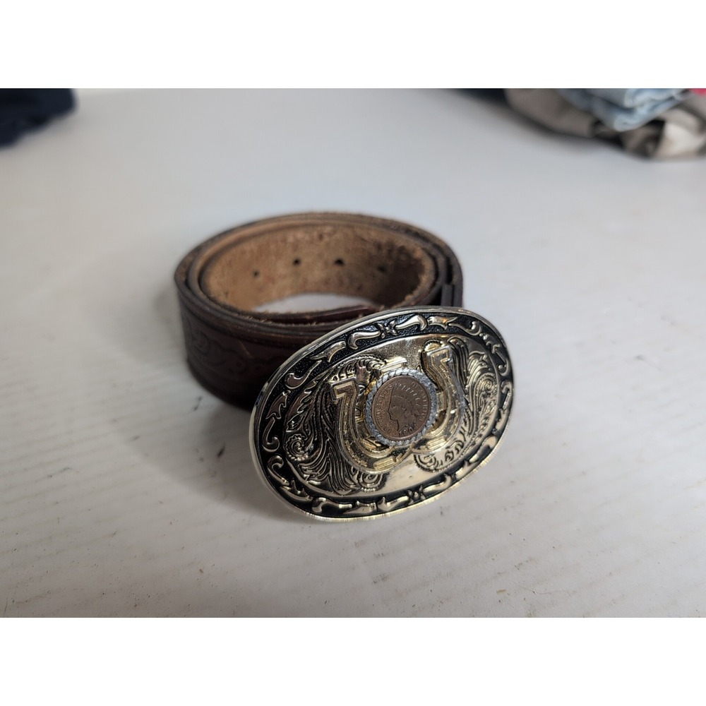 U.S. 1903 INDIAN HEAD PENNY COIN BELT BUCKLE HORSE SHOE + Brittania Belt Sz 32